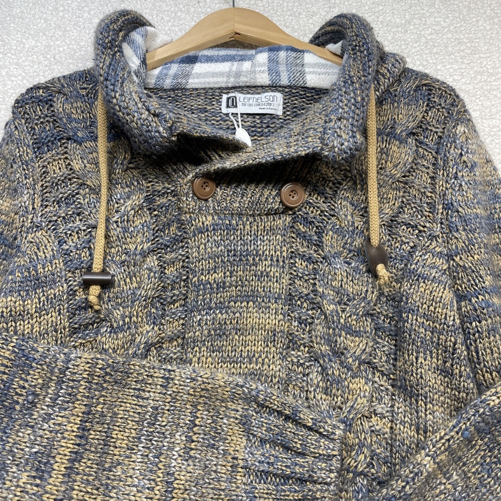 Leif Nelson Sweater Mens Blue Tan LN5240 Cable Knit Hooded Button Shawl Pullover